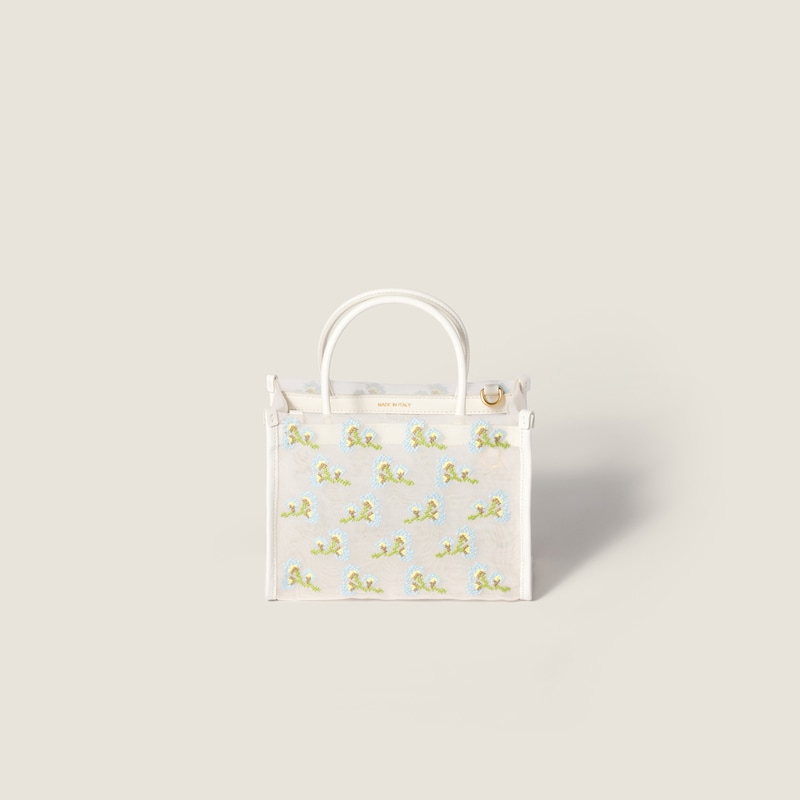 Embroidered mesh top-handle bag
