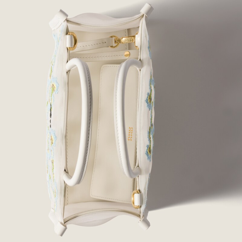 Embroidered mesh top-handle bag