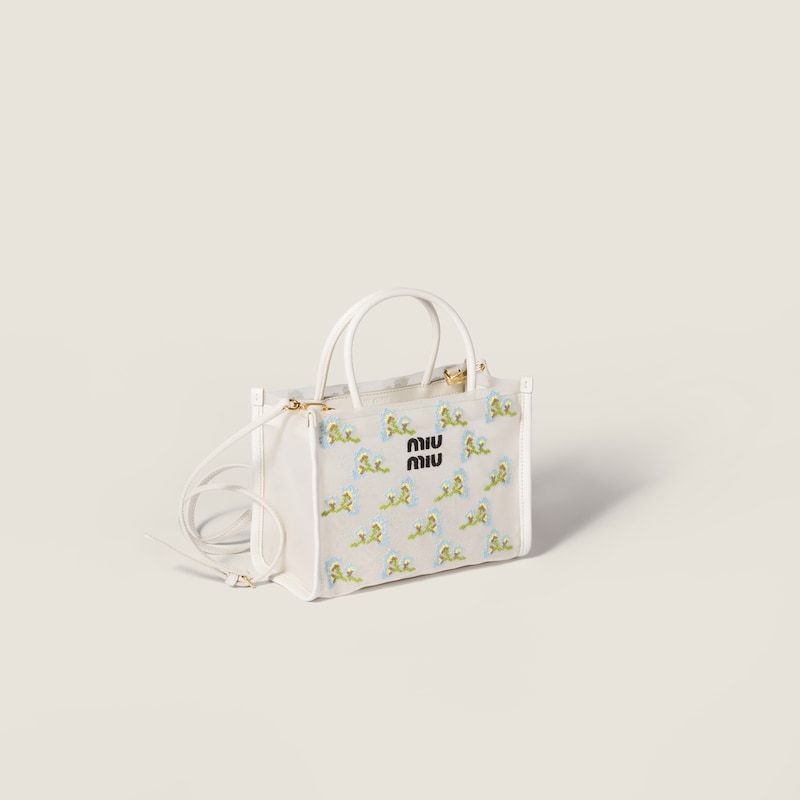 Embroidered mesh top-handle bag