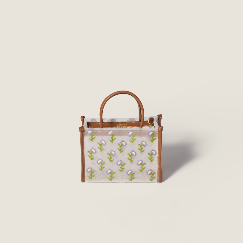 Embroidered mesh top-handle bag
