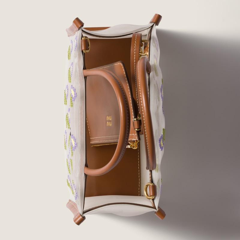 Embroidered mesh top-handle bag