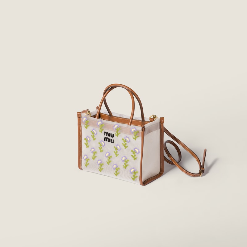Embroidered mesh top-handle bag