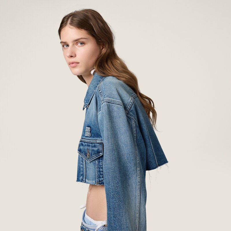 Cropped washed denim jacket