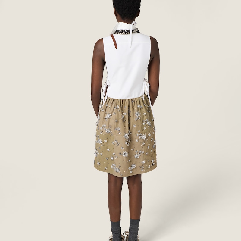 Embroidered poplin and chino mini-dress