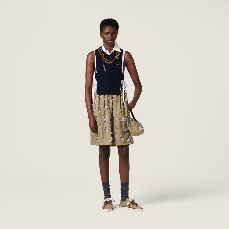 Embroidered poplin and chino mini-dress
