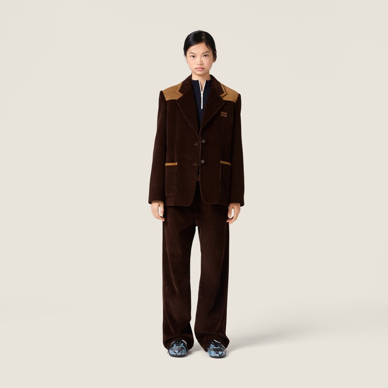 Single-breasted corduroy and leather jacket