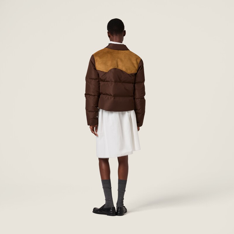 Technical pongé and leather down jacket