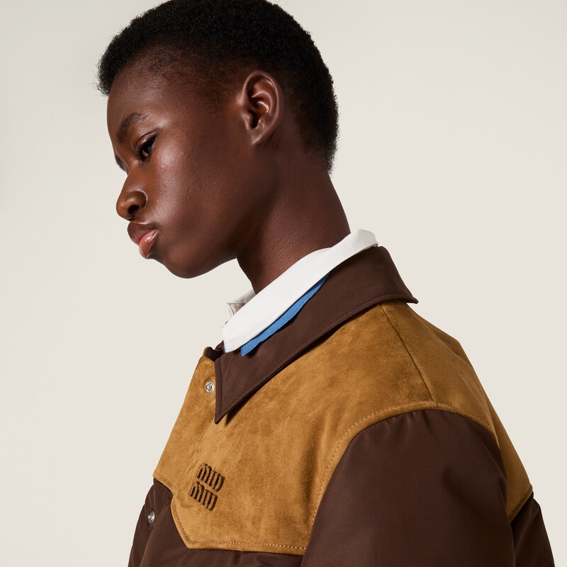 Technical pongé and leather down jacket