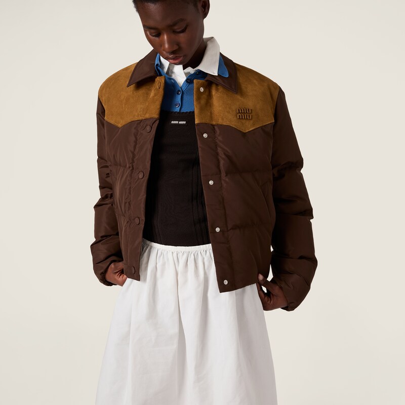 Technical pongé and leather down jacket