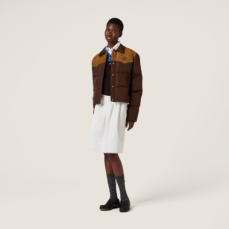 Technical pongé and leather down jacket