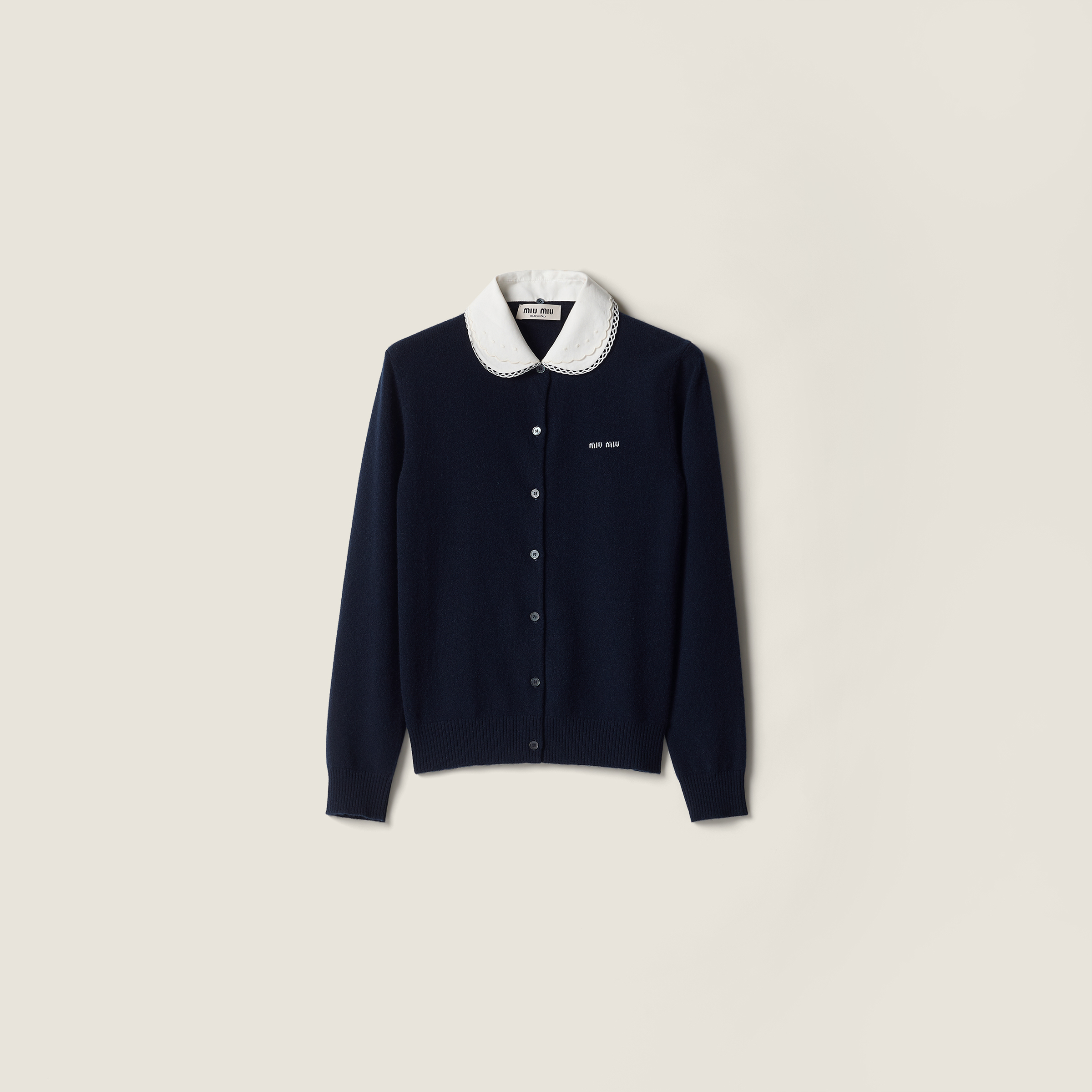 Cashmere cardigan with embroidered poplin collar